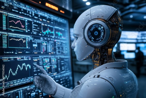 A humanoid robot interacts with financial data displays in a modern trading environment, analyzing trends and market fluctuations