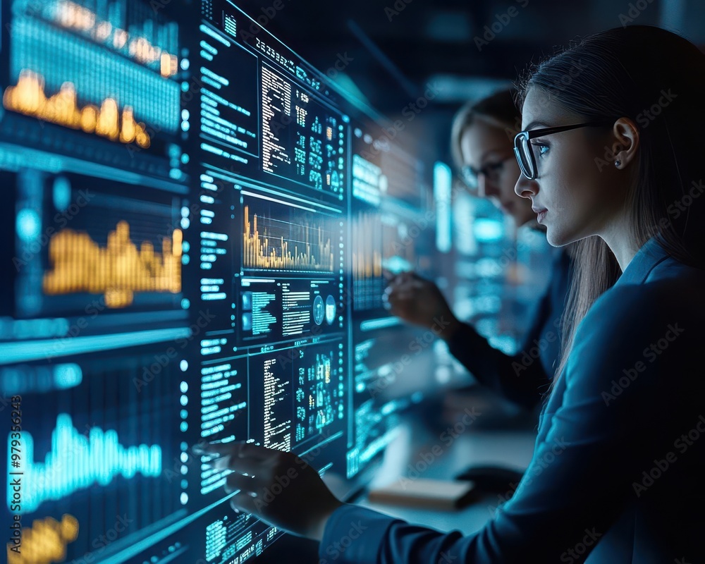 Data analysis with a team interpreting big data, high-tech office, analytical approach, bright lighting Data analysis with a team interpreting big data, high-tech office, analytical approach, bright lighting