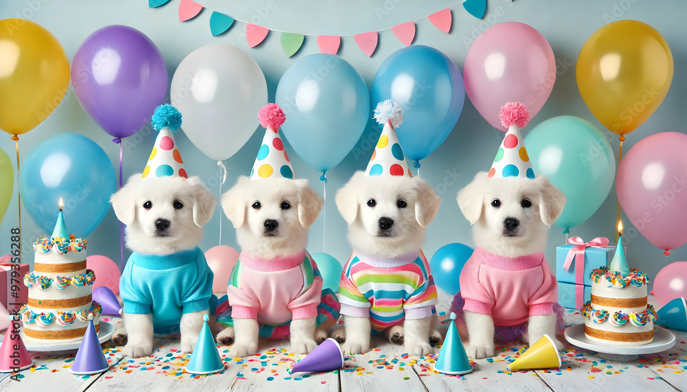 Obraz premium Four Adorable Puppies Wearing Colorful Party Outfits and Hats, Surrounded by Balloons and Cakes