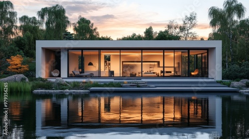 Ultra-modern cube home with glass walls, floating above a peaceful lakeSunset hues reflect off the water, creating a dreamy, tranquil ambiance photo