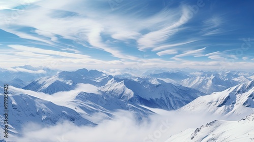 A picturesque mountain scene with high-altitude cirrus clouds forming intricate, wispy patterns above the snow-capped peaks, creating a contrast between the delicate clouds and rugged terrain below.