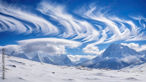 A picturesque mountain scene with high-altitude cirrus clouds forming intricate, wispy patterns above the snow-capped peaks, creating a contrast between the delicate clouds and rugged terrain below.