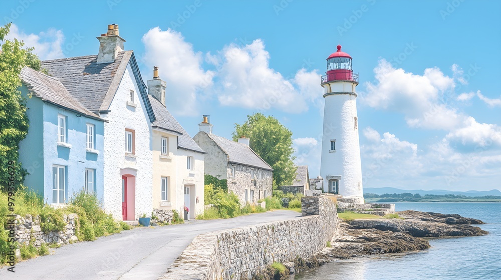 Coastal town bursting with colorful charm, rows of rainbow buildings leading to a proud lighthouse, watercolor skies blending into the tranquil ocean Coastal town bursting with colorful charm, rows of rainbow buildings leading to a proud lighthouse, watercolor skies blending into the tranquil ocean