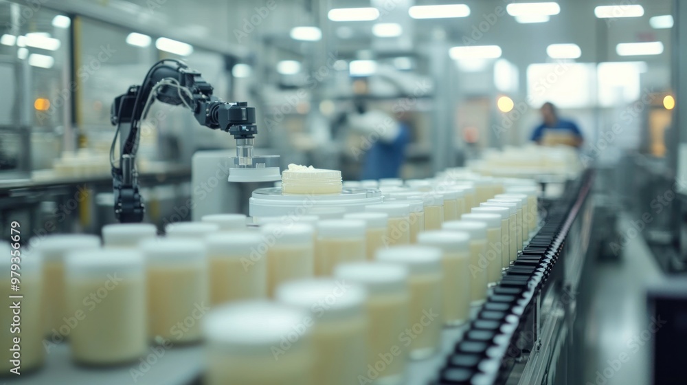 The packaging section of the cosmetics factory is filled with robotic arms and conveyor belts, efficiently filling bottles and jars with lotions, serums, and creams The packaging section of the cosmetics factory is filled with robotic arms and conveyor belts, efficiently filling bottles and jars with lotions, serums, and creams