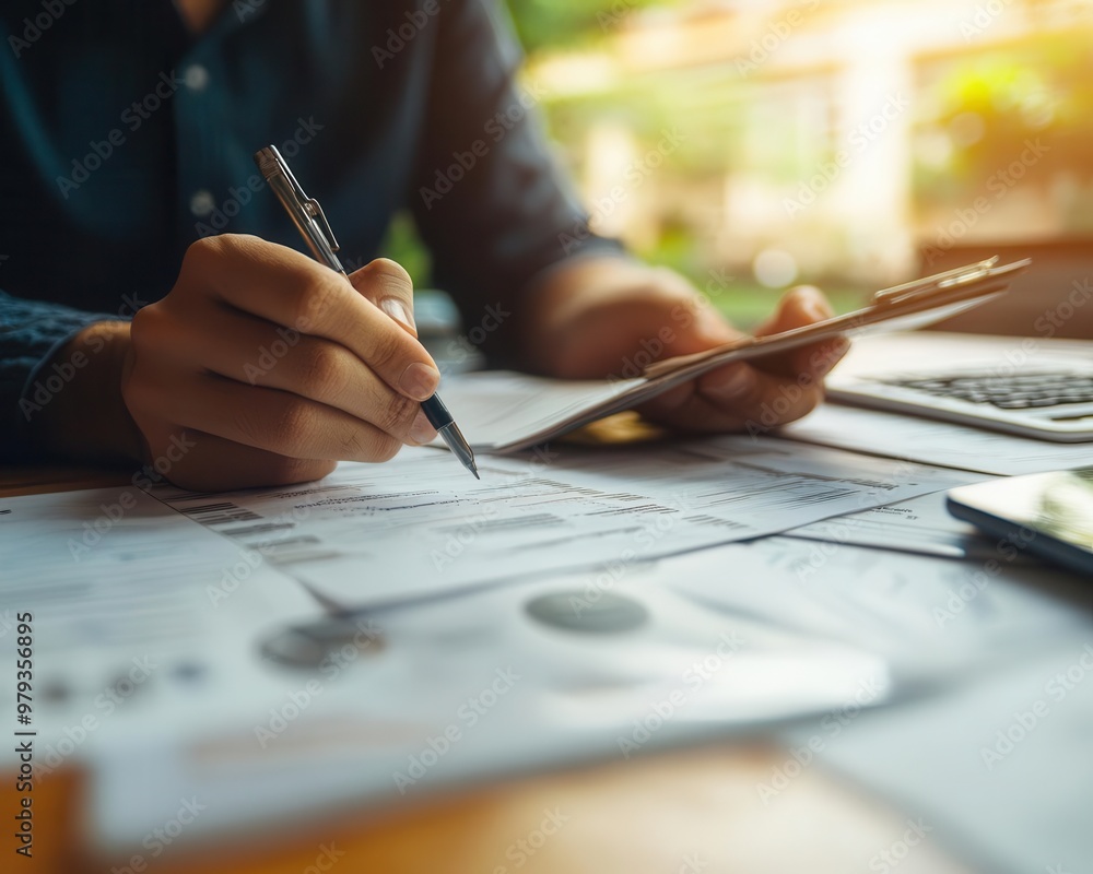 Debt management with a person reviewing loans and payments, organized style, close-up, sharp focus, bright lighting Debt management with a person reviewing loans and payments, organized style, close-up, sharp focus, bright lighting