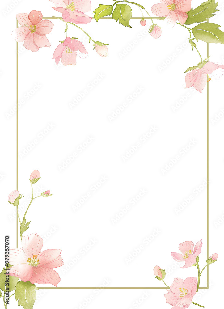 Delicate pink flower border frame on white background, watercolor floral card template for invitation or greeting Delicate pink flower border frame on white background, watercolor floral card template for invitation or greeting