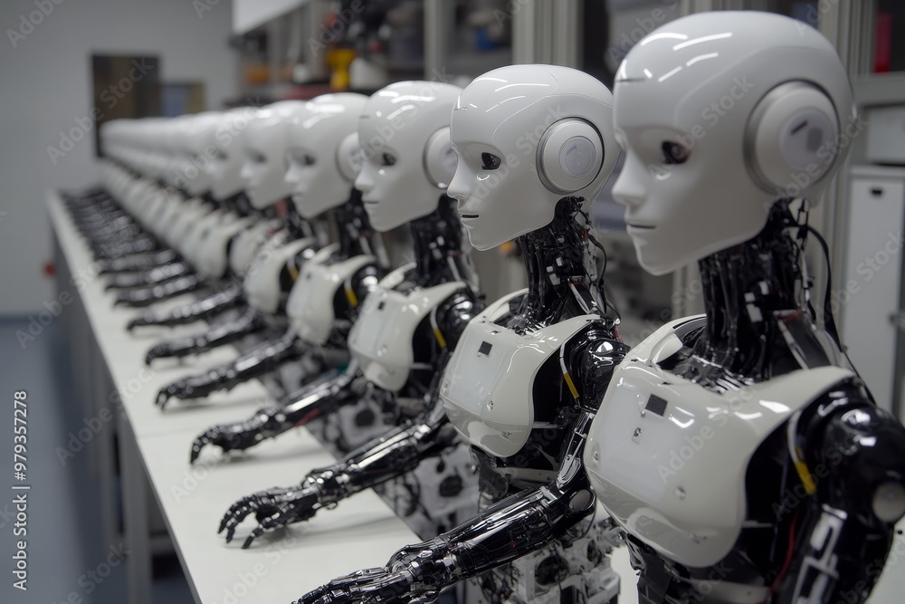 Robots lined up in a futuristic laboratory showcasing advanced humanoid technology and robotic design in progress during daytime Robots lined up in a futuristic laboratory showcasing advanced humanoid technology and robotic design in progress during daytime