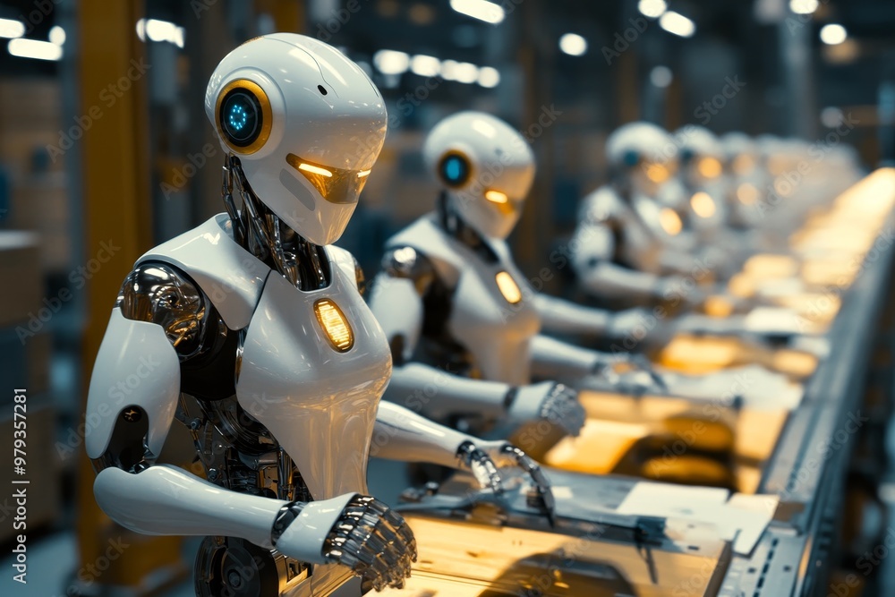 Robots assembling products in a high-tech factory during daylight hours, showcasing modern manufacturing processes and automation Robots assembling products in a high-tech factory during daylight hours, showcasing modern manufacturing processes and automation