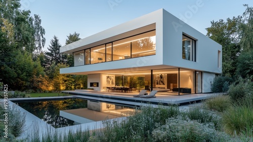 White facade cube house, sleek geometric lines, massive glass windows facing a tranquil garden, evening glow, contemporary architecture, minimalism, soft shadows