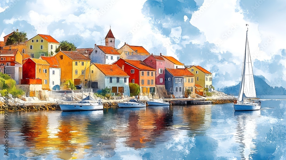 Fototapeta premium Coastal village with colorful houses, lively fish market by the docks, fishermen unloading their catch, ocean waves crashing, watercolor and oil painting blend