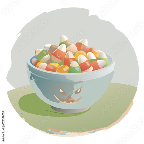 Halloween Candy Bowl Delight: A spooky blue bowl brimming with colorful candy corn, a sweet treat for trick-or-treaters.