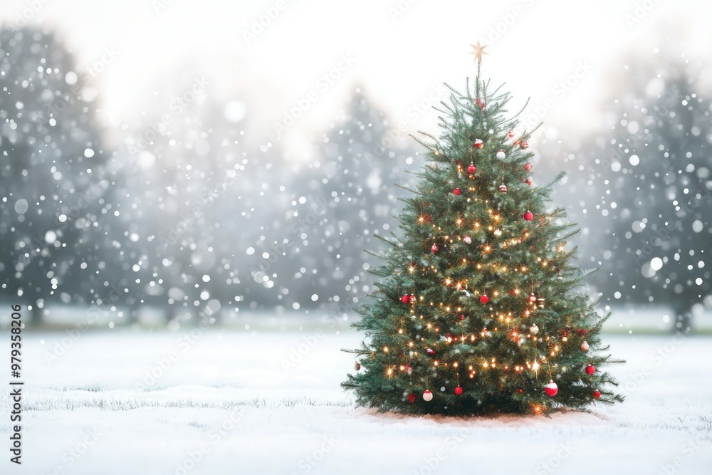Fototapeta premium Decorated Christmas Tree in a Snowy Landscape