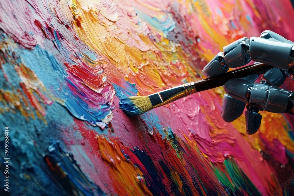 Fototapeta premium A robotic hand painting vibrant colors on a textured canvas in a creative studio during the afternoon