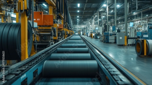 The rubber compounding area shows large rolls of rubber being processed and cut into precise sizes