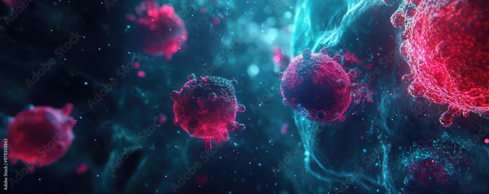 Colorful representation of microscopic cells in a vibrant, abstract environment illustrating the complexity of life. Colorful representation of microscopic cells in a vibrant, abstract environment illustrating the complexity of life.