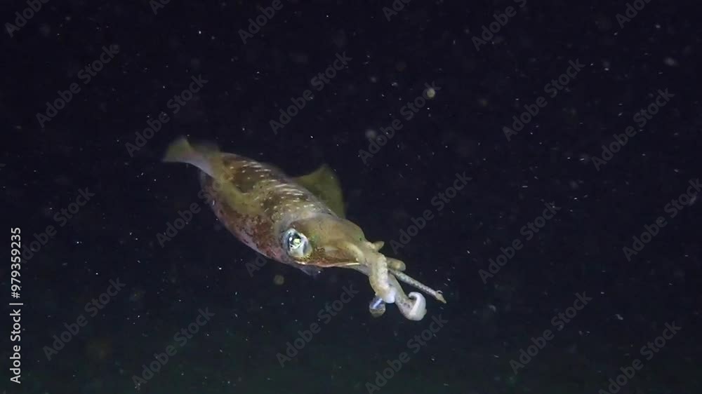 Squid underwater on black. Squid swims in the water column at night underwater. Squid underwater on black. Squid swims in the water column at night underwater.