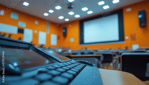 Education technology tools being used in a classroom, modern style, sharp focus, bright lighting, high detail