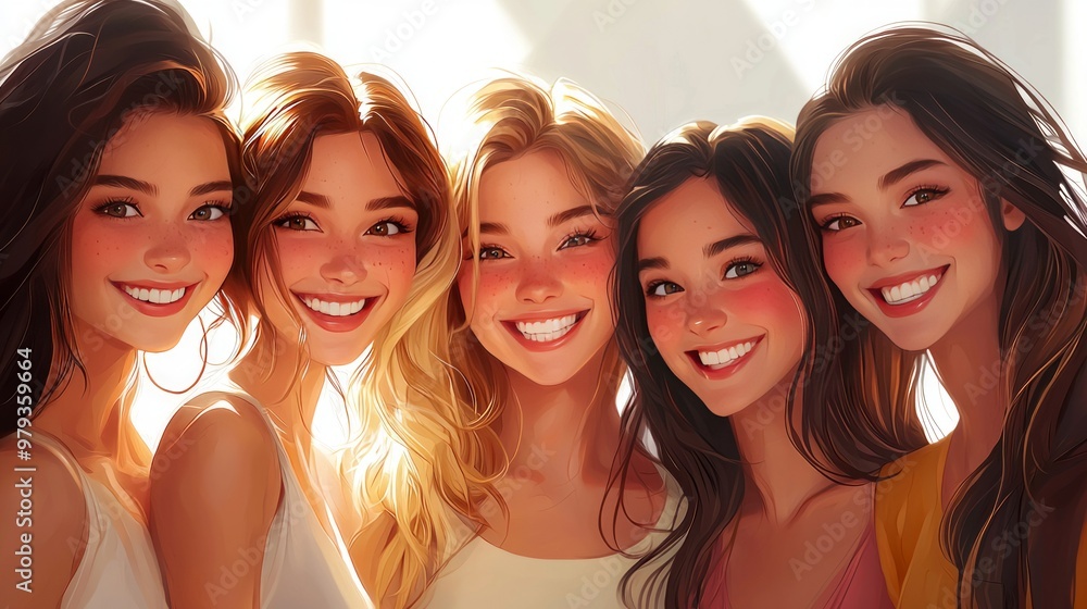 Group of five happy friends smiling together in warm sunlight Group of five happy friends smiling together in warm sunlight