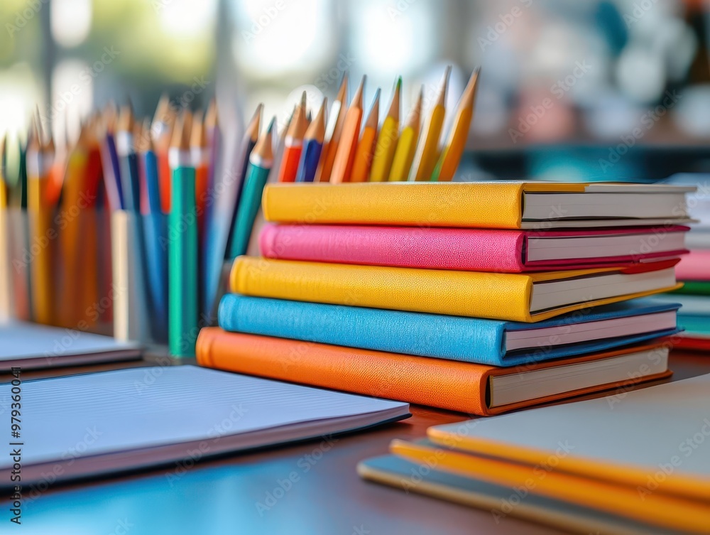 Educational tools like tablets and notebooks on a desk, organized style, close-up, bright lighting, sharp focus Educational tools like tablets and notebooks on a desk, organized style, close-up, bright lighting, sharp focus