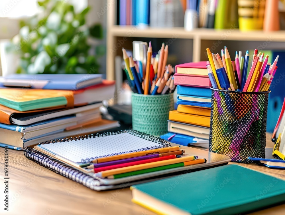 Fototapeta premium Educational tools like tablets and notebooks on a desk, organized style, close-up, bright lighting, sharp focus