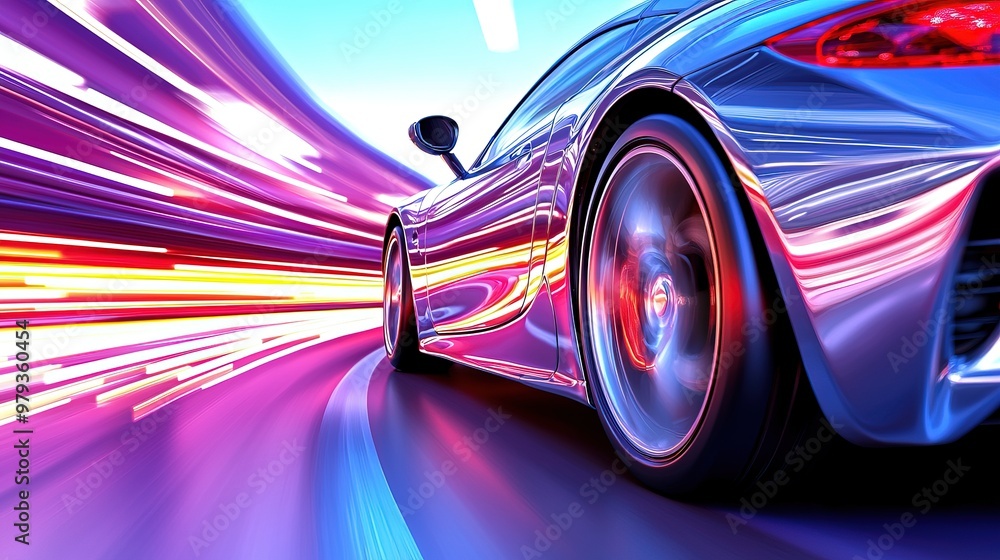 Silver Sports Car on Open Road Silver Sports Car on Open Road