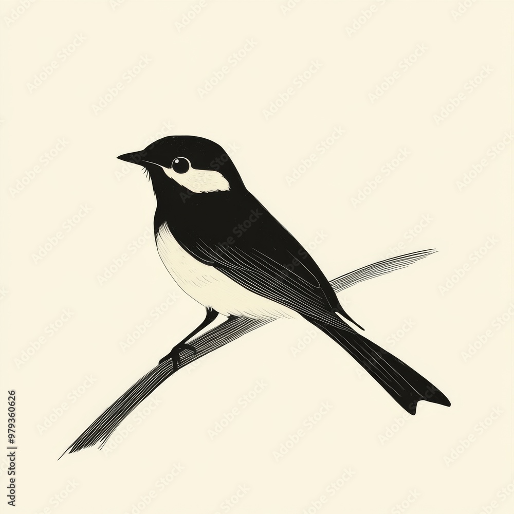 Obraz premium A black and white illustration of a bird perched on a branch.