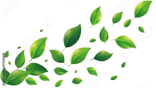 Green leaves movement falling flow isolated on transparent background