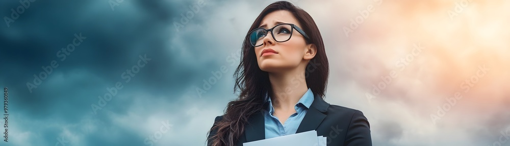 Nervous Professional Holding Resume Folder Outside Corporate Office with Cloudy Sky Nervous Professional Holding Resume Folder Outside Corporate Office with Cloudy Sky