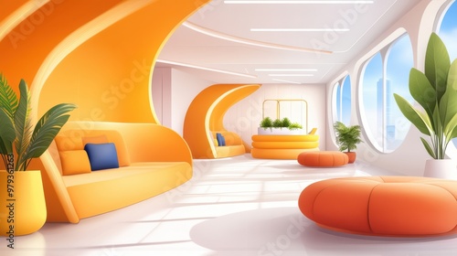 A room with orange and yellow furniture in a modern setting, AI
