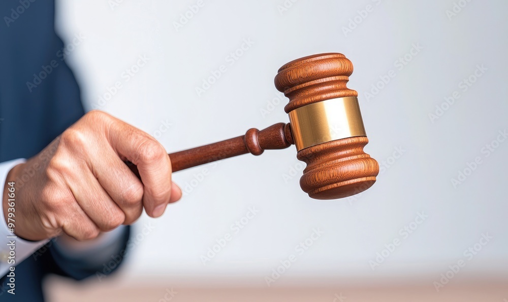 A close-up of a judge's gavel held in hand, symbolizing authority and justice in a courtroom setting. A close-up of a judge's gavel held in hand, symbolizing authority and justice in a courtroom setting.