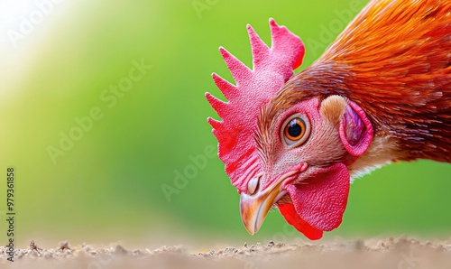 A close-up of a rooster with vibrant feathers foraging on the ground, showcasing its colorful and unique features in natural light.