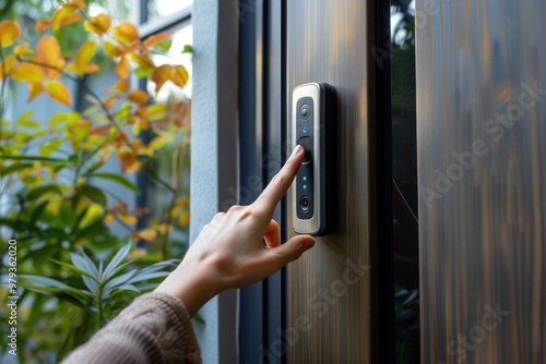 Hand using the doorbell technology security camera.