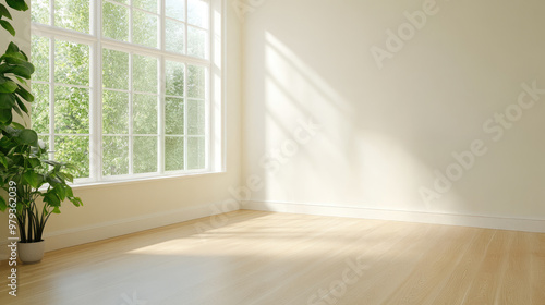 Bright empty room with large window and plant