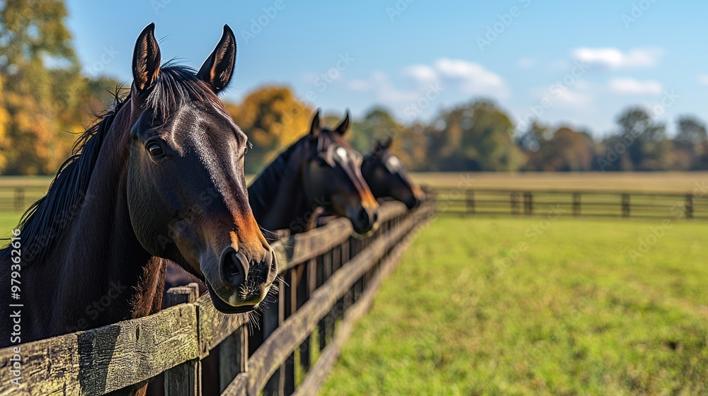 Three horses standing behind a wooden fence on a farm under sunny skies Three horses standing behind a wooden fence on a farm under sunny skies
