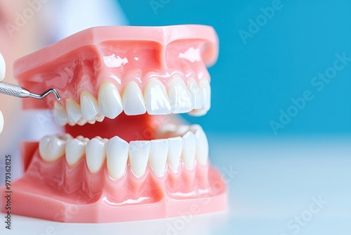 A dental model showcasing realistic teeth, ideal for education and dental training, highlighting dental hygiene and care techniques.