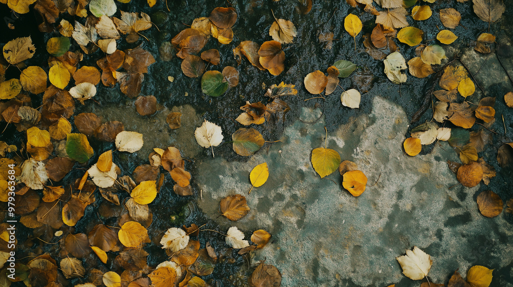 Autumn leaves creating patterns on wet pavement Autumn leaves creating patterns on wet pavement