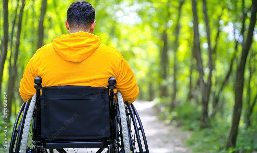 A person in a wheelchair enjoys a scenic nature path, surrounded by lush greenery and sunlight filtering through the trees. A person in a wheelchair enjoys a scenic nature path, surrounded by lush greenery and sunlight filtering through the trees.