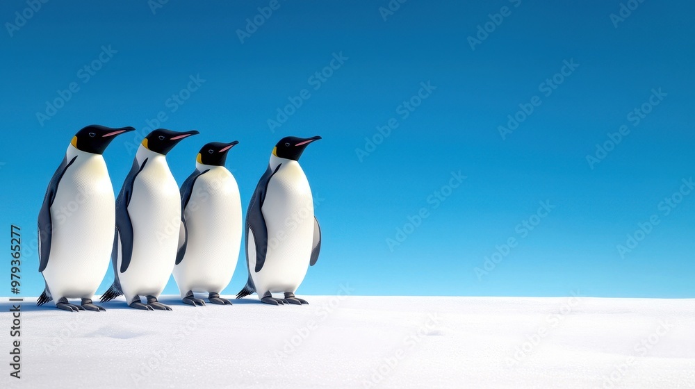 Obraz premium A charming group of penguins standing together against a clear blue sky on a snowy landscape, showcasing their unique beauty.