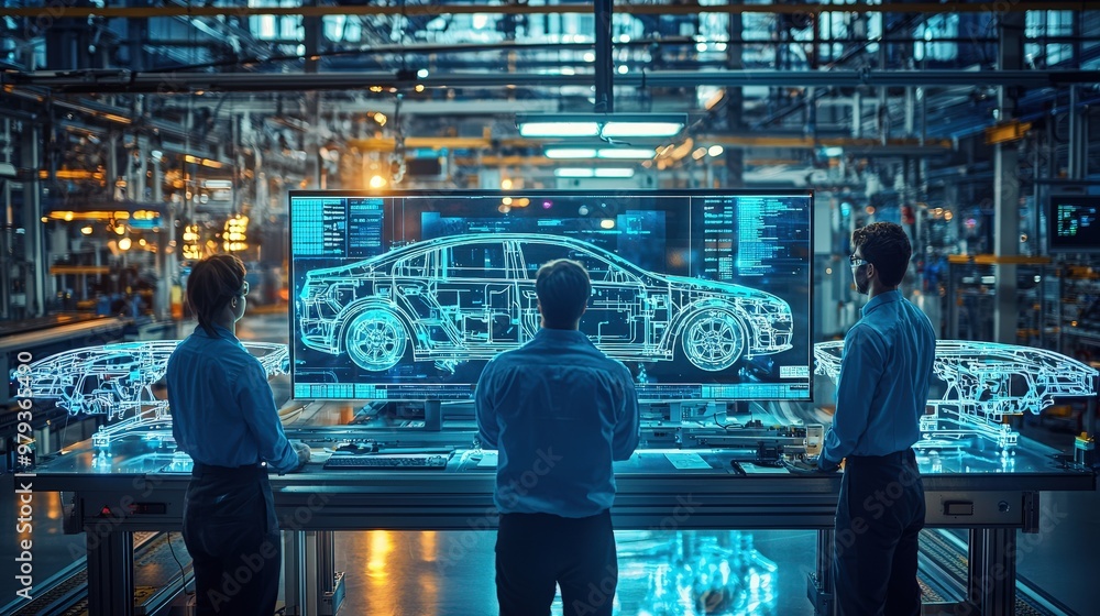 Three engineers review an intricate digital blueprint of a car on a large screen inside a modern manufacturing facility filled with advanced technology Three engineers review an intricate digital blueprint of a car on a large screen inside a modern manufacturing facility filled with advanced technology