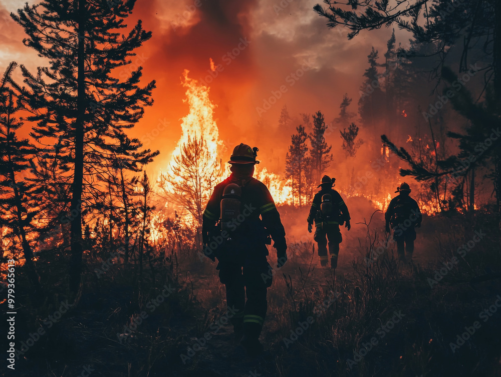 Three firefighters are walking through a forest fire Three firefighters are walking through a forest fire