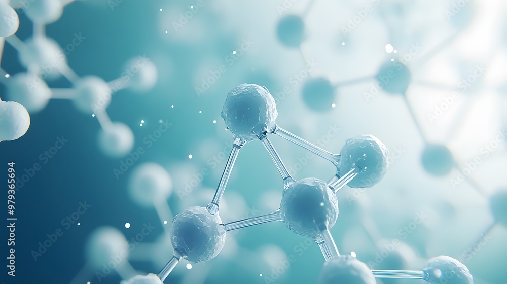 Close-up of a Molecular Structure with Transparent Bonds and White Spheres Against a Blue Background Close-up of a Molecular Structure with Transparent Bonds and White Spheres Against a Blue Background