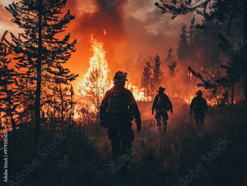 Three firefighters are walking through a forest fire