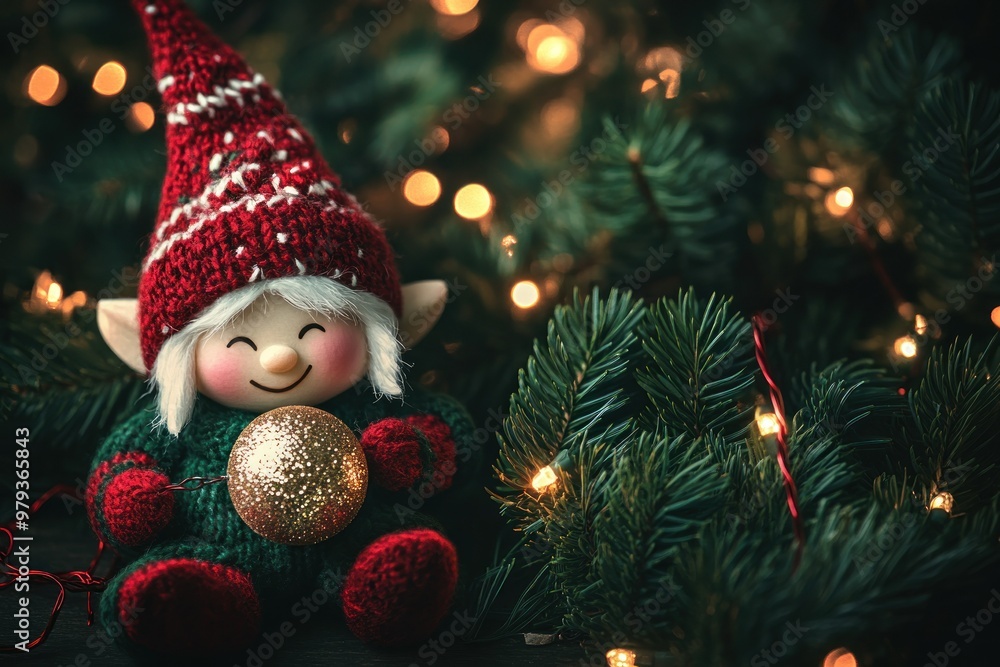 Smiling Christmas Elf Holding a Golden Ornament Under a Twinkling Tree Smiling Christmas Elf Holding a Golden Ornament Under a Twinkling Tree