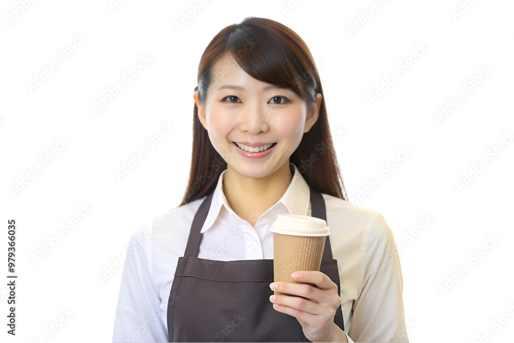 Japanese barista woman holding a takeaway coffee, isolated on transparent background Japanese barista woman holding a takeaway coffee, isolated on transparent background