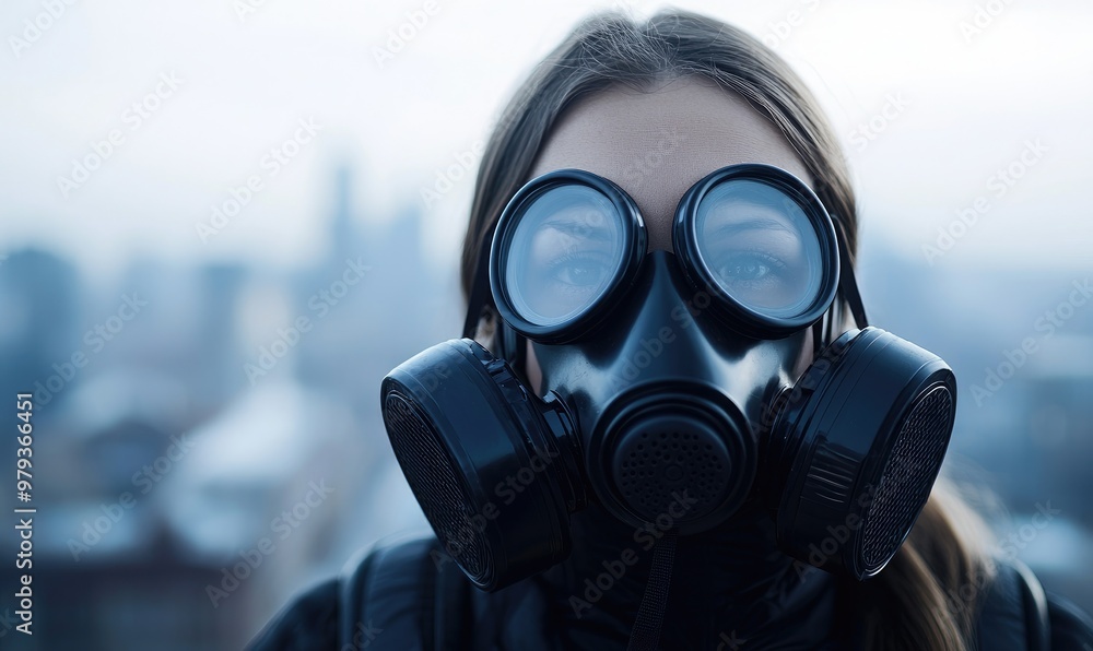 A woman wearing a gas mask against a cityscape, symbolizing protection and resilience in challenging environments. A woman wearing a gas mask against a cityscape, symbolizing protection and resilience in challenging environments.