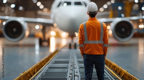 A worker in safety gear observes an airplane in an industrial hangar, highlighting aviation maintenance and safety procedures.