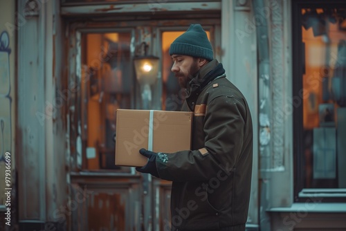 A delivery person in winter clothing is carrying a brown parcel towards a door in a cool urban neighborhood during wintertime