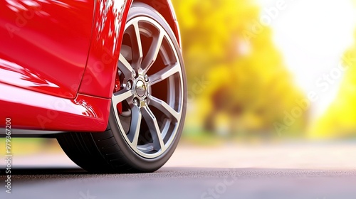 Close-up of Red Car Wheel and Tire