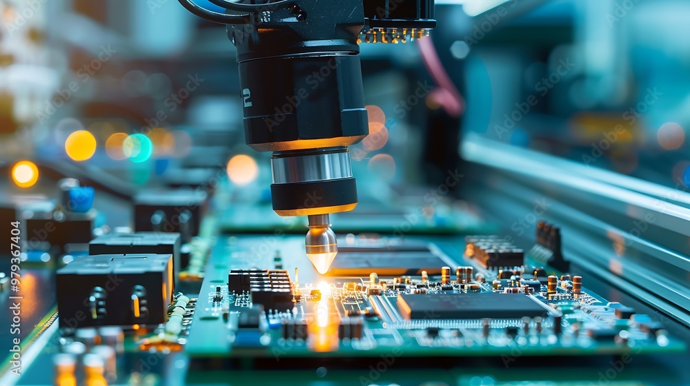 Robotic arms position components on circuit boards during an automated assembly process exemplifying the advanced precision technology required in modern electronics manufacturing. Robotic arms position components on circuit boards during an automated assembly process exemplifying the advanced precision technology required in modern electronics manufacturing.