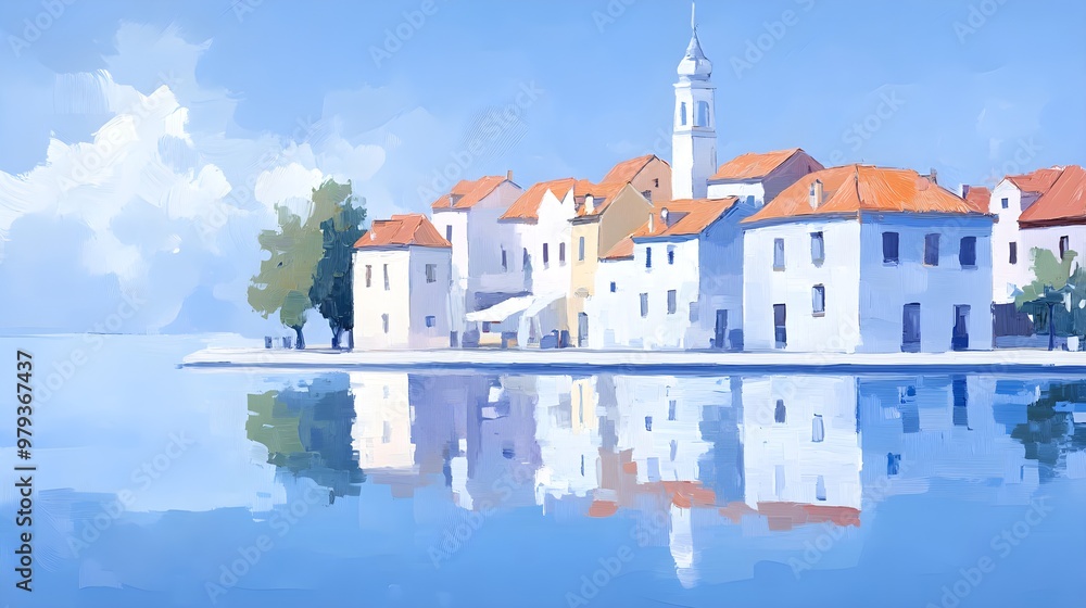 Obraz premium Coastal village at dusk, multicolored homes reflecting in the calm waters, soft waves lapping, oil painting style with rich textures and warm hues